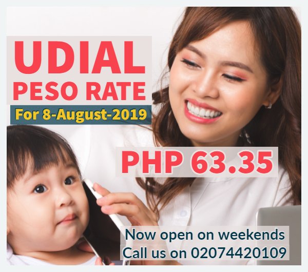 udialuk's tweet photo. Revised UDIAL PESO rate for 8 August 1GBP=PHP 63.35
Last order till 5PM. Call us now on 02074420109.
Don't forget to LIKE and SHARE, Salamat po!
.
.
.
.
.
#remittance #pilipinas #ofwpinoy#pamilya #moneytransfer #kabayan#filbrit#onlinemoney #sendmoney #pinoy#udialremit #londonlife https://t.co/OujEz5b7HM