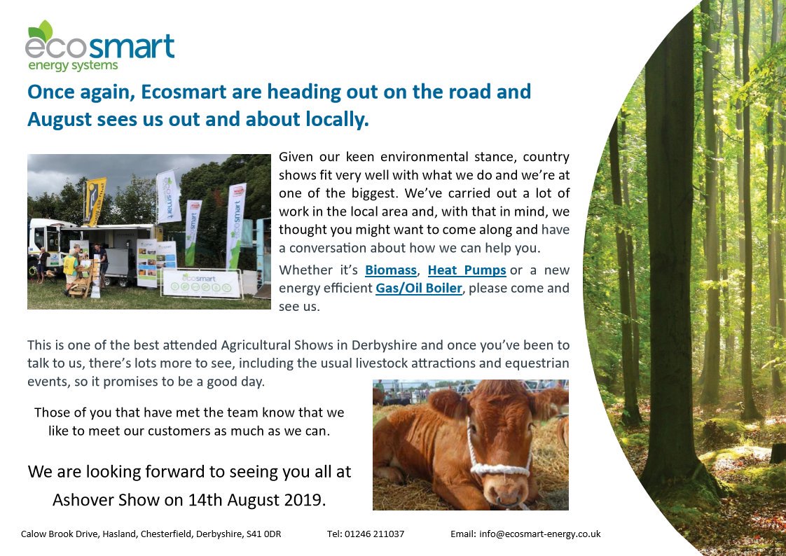 Ecosmart are heading out on the road.

Don't forget
We are not just available at the shows, if you need anything then please contact us. Even if its just advice, we are only too happy to help. #dayout #familyfun #derbyshire #renewables #biomass #heating #servicing #installation