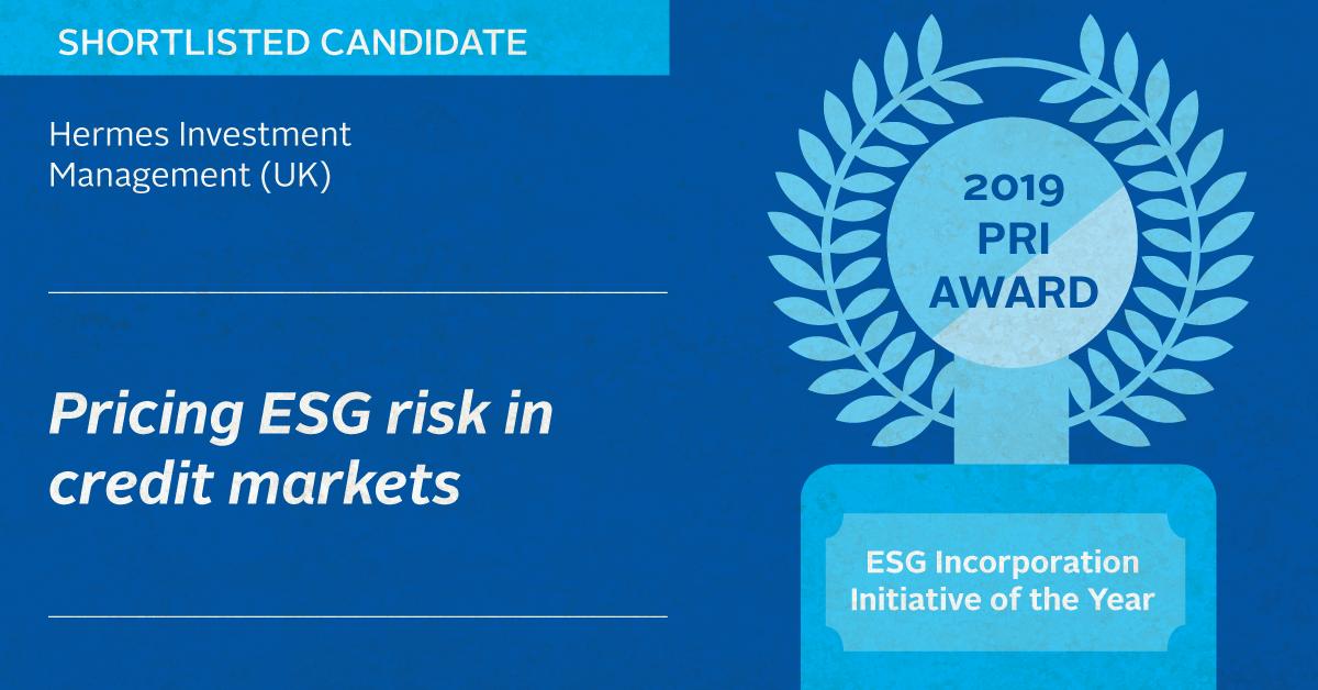 CreditSpectrum's tweet photo. Hermes Credit &amp; our colleagues in the Responsibility team have been shortlisted for a @PRI_News ESG Incorporation Initiative award for our research paper, 'Pricing #ESG risk in #Credit Markets'. Thank you to @PRI_News for recognising our work! https://t.co/nUcB51cRYY #fixedincome https://t.co/6kroqq8G0M