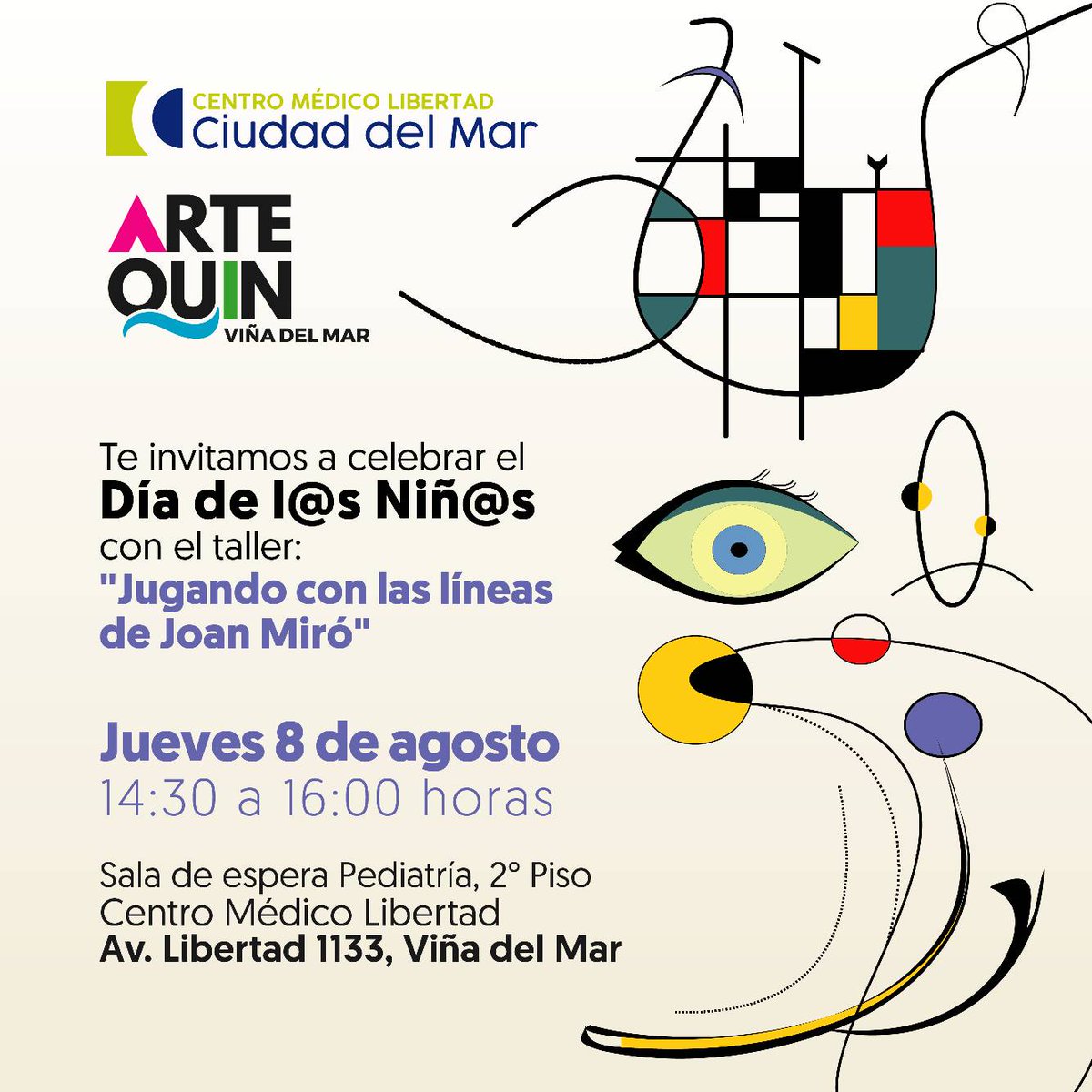 ¡En Clínica Ciudad del Mar celebramos a los niños y niñas en su día! Te invitamos a participar de nuestro taller ''Jugando con las líneas de Joan Miró'', junto a Artequin Viña del Mar, en Centro Médico Libertad.