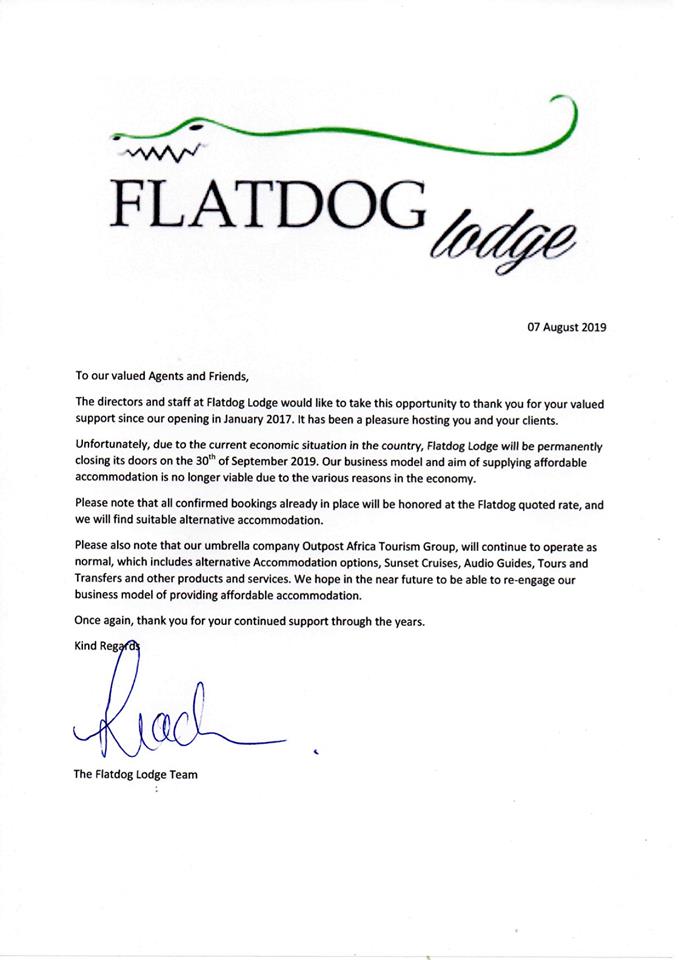 sam_in_zimbabwe's tweet photo. #FlatdogsLodge-#VictoriaFalls, the #2018Winner for #ValueAccommodation has shut down its operation sighting viability challenges caused by the current #EconomicSituation in #Zimbabwe. This is a sad development seeing that #VicFalls actually needs more beds to cater for tourists https://t.co/xFJs4bdMtw
