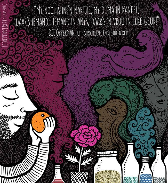 "My nooi is in ’n nartjie,
my ouma in kaneel,
daar's iemand... iemand in anys
daar's ’n vrou in elke geur!" - DJ Opperman
Gelukkige Vrouedag aan al die wonderlike vroue daar buite!
Illustrasie: Chris Venter
