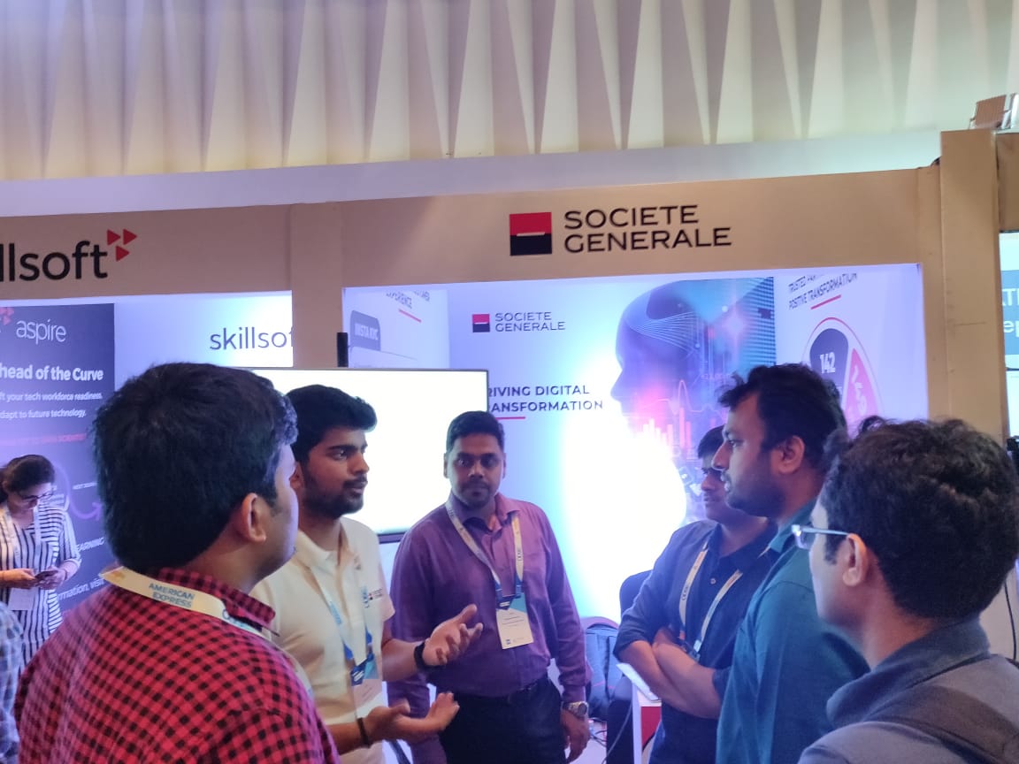 The @SocGen_India team at India's premier AI and DataScience conference <a href="/ODSC_India/">Open Data Science Conference India</a>, at the stall in engaging interactions with the AI peers and demonstrating SocGen AI products .