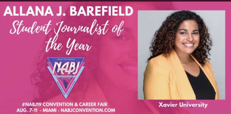 XulaMassComm's tweet image. We salute the 2019 @NABJ Student Journalist of the Year, our very own @allanabarefield. We know here at @XulaMassComm &amp;amp; @XULA1925 how talented and dedicated she is to her craft. Allana is a light &amp;amp; inspiration and we celebrate her and cheer on her future success!