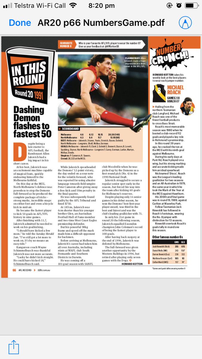 HPKotton59's tweet photo. Here’s my weekly page in the AFL Record from round 20 consisting of my two regular columns In This Round and Number Crunch. Look out for the round 21 edition at all venues this weekend. #aflrecord https://t.co/hMwvYMIwfQ
