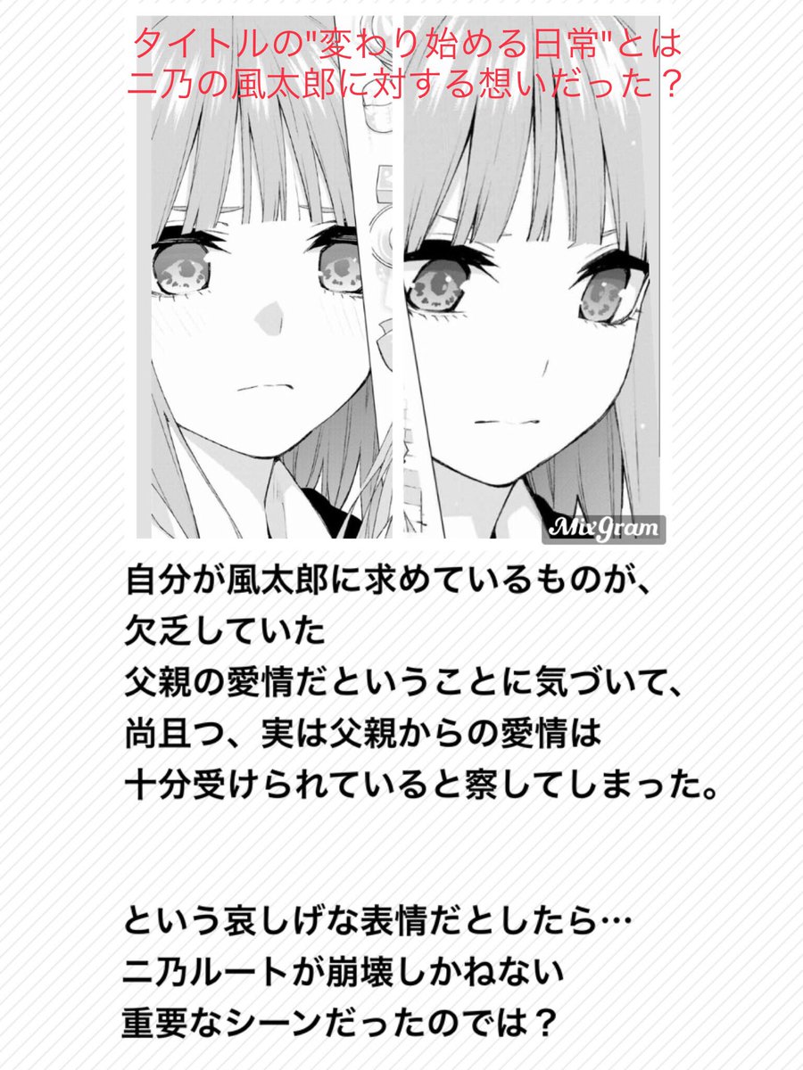 五等分の花嫁 考察垢 タイトル 変わり始める日常 で読み解くニ乃ルート崩壊説 エレクトラコンプレックスとはファザコンみたいなもので父親の愛を十分に感じられなかった欠落感が 彼氏に 父性 求めちゃうというもの ニ乃の恋愛感情の本質が 父親の愛