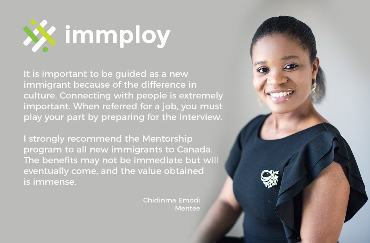 WILLimmploy's tweet photo. The Immploy Mentorship Programs help immigrant job-seekers become professionally established in Canada’s labour market. Like Chidinma Emodi, you too can enjoy the benefits of a mentor. Learn more>https://t.co/vBj5ZW0FGx #ImmployMentor #Coaching #Mentorship https://t.co/3AQuB3sDK6