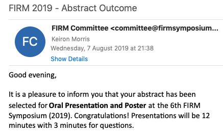KeironMark's tweet photo. I am excited to announce that I have been accepted to present at my first conference in September, at FIRM2019 in Barcelona.

I will be presenting on the development of a non-destructive, on-line, real-time interferometer to diagnose &amp; monitor keratoconus.

#FIRM2019 #Conference https://t.co/DS0LwOTLt0