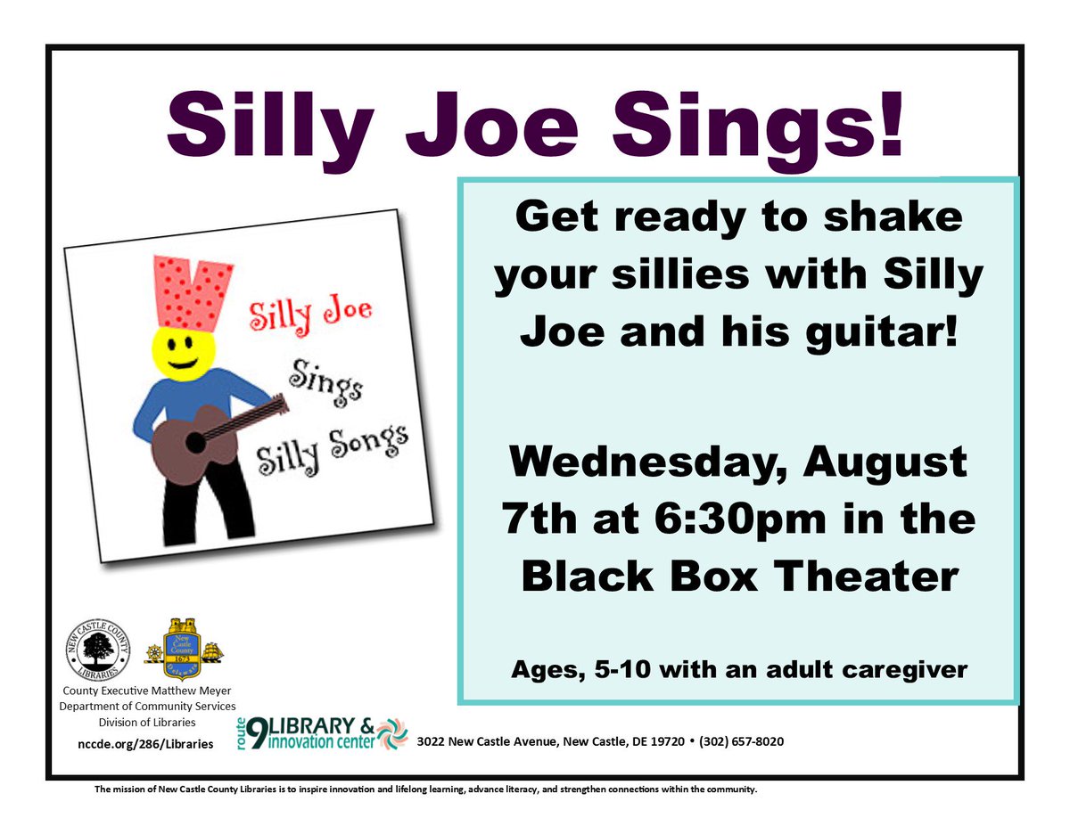 NCCDE's tweet photo. Join us for silliness at the #Route9Library! Silly Joe entertains with high energy songs about the every day lives of kids and families. Props include, a guitar, a kazoo, a wig, and boxer shorts! Joe will have everyone involved in the show! Aug. 7, 6:30pm. Ages 5-10 w/adult. https://t.co/2xIcOJBgKd