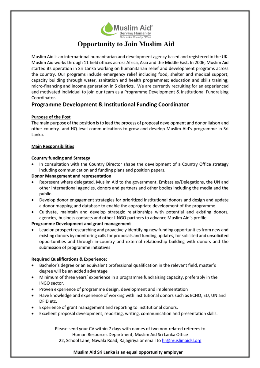 muslimaidlk's tweet photo. We are recruiting! Opportunity join our workforce as Programme Development and Institutional Funding Coordinator.
#muslimaid #muslimaidsrilanka #NGOcareers #ProgrammeDevelopment #NGOjobs
https://t.co/pOMJXdP37c https://t.co/wBRRoCt825
