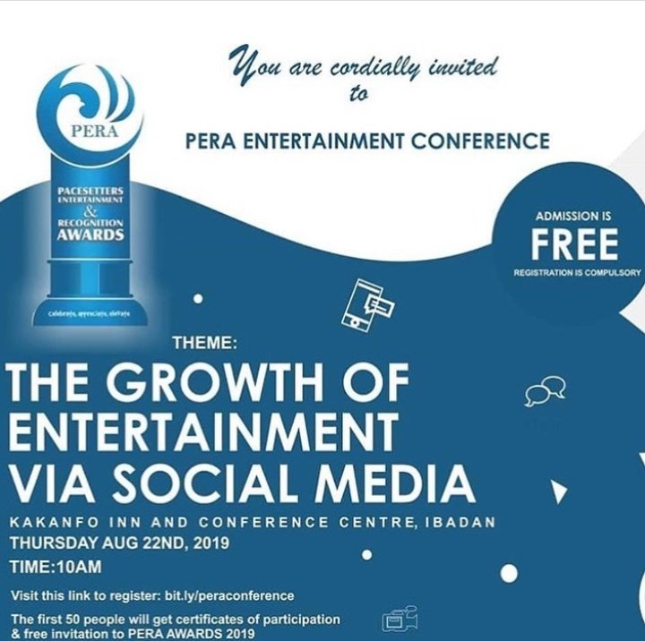 VolHubAfrica's tweet photo. Who is excited about PERA ENTERTAINMENT CONFERENCE
(Plan to attend)

NOTE: First 50 will get certificates of participation and free invitation for PERA Award 2019

See details on the flier

RT for others to see 
#PERAConference 
#Ibadan https://t.co/LLiBlKWMIS