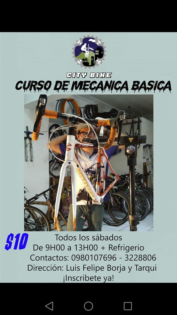 BikeEcuador's tweet photo. Arrancamos con los talleres de mecánica básica ya puedes registrarte y participar de este evento.Totalmente práctico, como reparar tu bici en el momento y con el conocimiento adecuado.Valor del taller  $10  Incluye Refrigerio
      Horario 9am a 1 pm.Visítanos en Quito el Ejido. https://t.co/aPQH9PvqWG