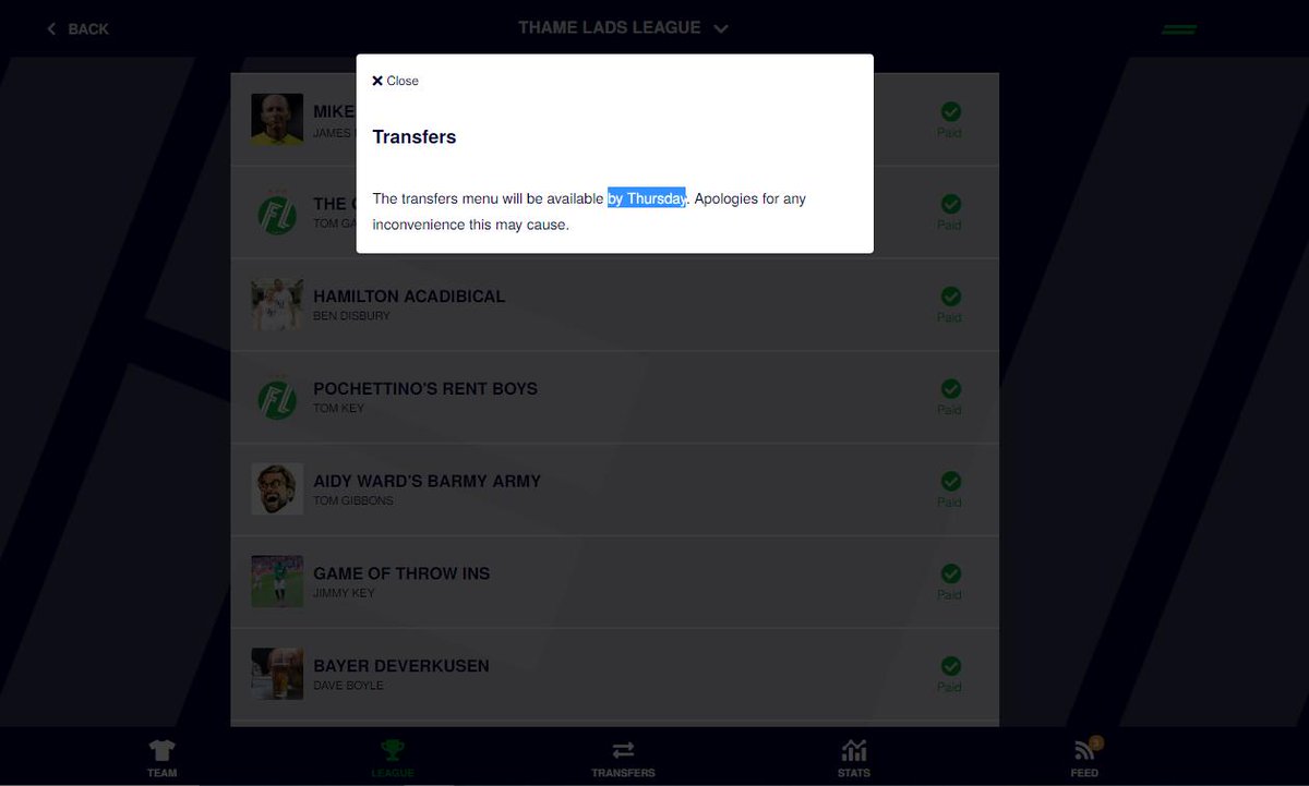 JamesHickling1's tweet photo. @FantasyLeague can you definitively say whether or not the updated transfer menu will be deployed to live today? Holding message on the site 'by Thursday', indicates a close of play Wednesday deadline, which has already been missed! #deadlineday #waitinggame #ithurtsitreallydoes https://t.co/lSgewe7bVN