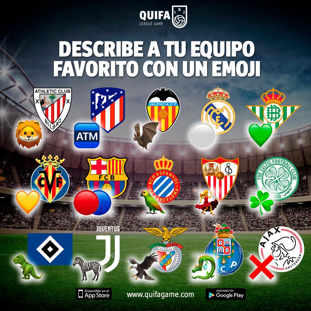 quifagame's tweet photo. 📣LOS EMOJIS LLEGAN AL FUTBOL⚽
🦁🦇🦅Comenta con el #EMOJI de tu equipo favorito. Utiliza uno de los que te proponemos o añade tu equipo favorito y el emoji que mejor le describa💃🦖🐉
Cuéntanos⚽¡Te leemos!
--> Descarga https://t.co/W9BHubuF6x
#Quifa #QuifaGame #Futbol #LaLiga https://t.co/7BJNVpSmvu
