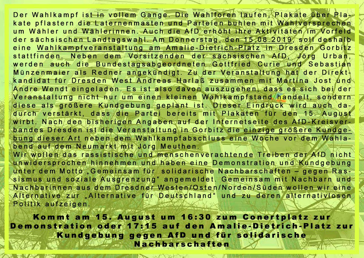 AntifaLoebtau's tweet photo. #NoAfD plant für Do. 15. August eine große Wahlkampfveranstaltung in #Dresden #Gorbitz. Wir wollen das nicht unwidersprochen lassen und haben zusammen mit #KeinViertelFürAusgrenzung für #dd1508 eine Demonstration und Kundgebung angemeldet! 

#Unteilbar Antifaschistisch

(thread) https://t.co/ZTYUtt0Wwl