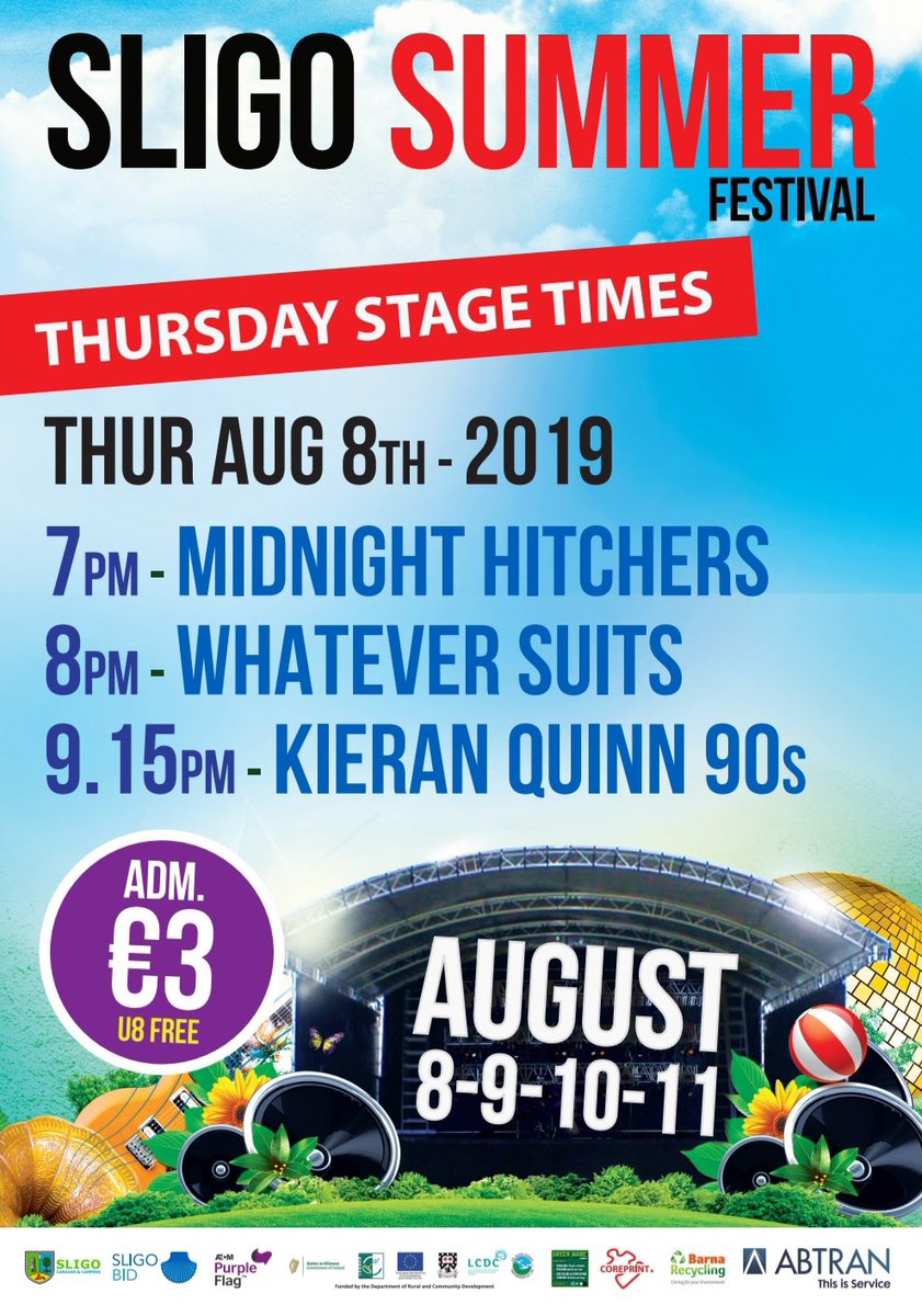 sligosummerfest's tweet photo. Tonight Stage Times!🤩
9.15pm @kieranquinnn music 
8pm Whatever Suits
7pm Midnight Hitchers https://t.co/R22FVdOU1W
