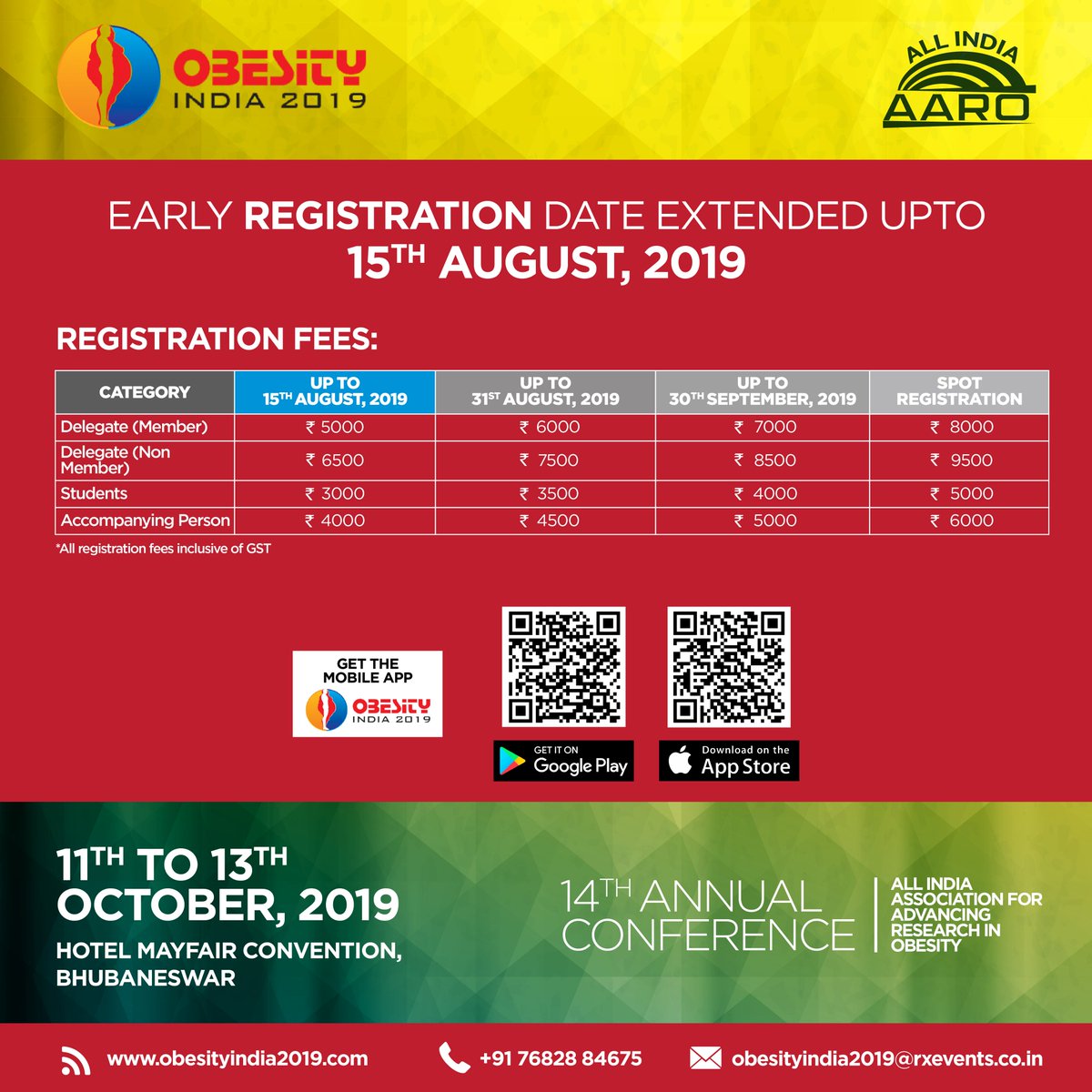 aiaarocon's tweet photo. Hurry Up!!! 
Early Bird Registration date Extended upto 15th August,2019
For Registration logon to our website:
https://t.co/hqjtWnl0fH
#Registration #Elarybird #august2019 #Obesityindia2019 https://t.co/eMom8AaQAZ