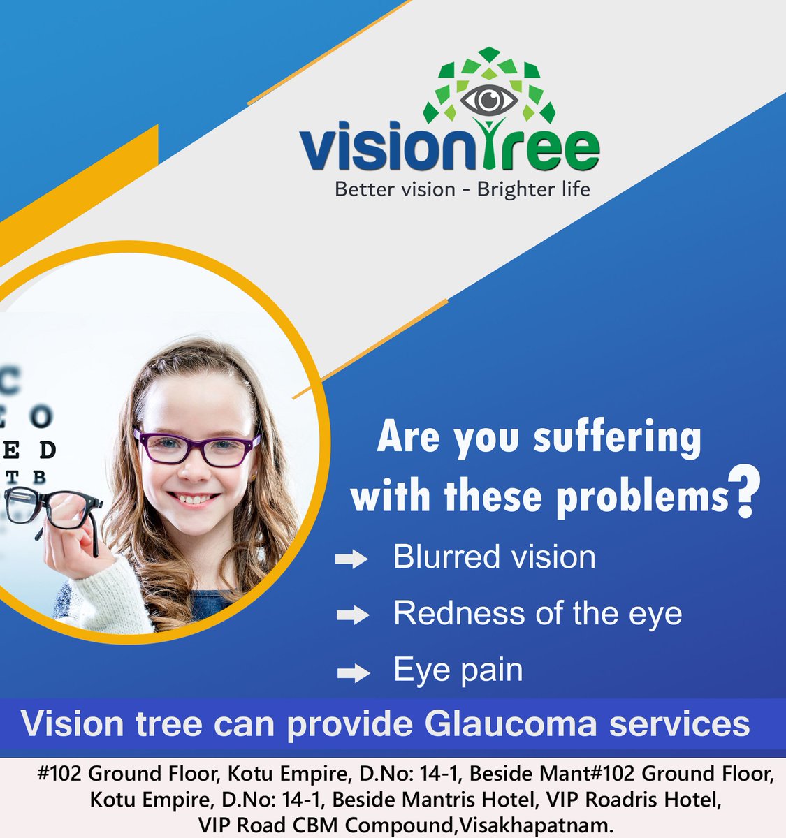 visiontree5's tweet photo. Are you suffering with these problems ?
Blurred vision,
Redness of the eye,
Eye pain.
Vision tree can provide Glaucoma services.
contact: 0891-4804040
https://t.co/uMRDzepSE8
#visiontree #eyecare #superspeciality #hospitals #vizag #glaucomaservices #better #vision https://t.co/ZbNFMrduC0