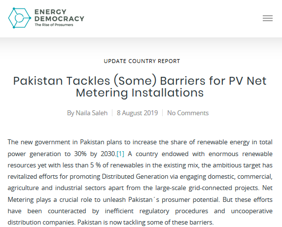nrg_dmocrcy's tweet photo. "Pakistan Tackles (Some) Barriers for PV Net Metering Installations"

Update of Country Report on prosumer regulatory framework by @NSaleh91 @IPS_1979

https://t.co/Q7P61IALni
 
@IRENA @IEA @wef @UNEnvironment @UNFCCC @NAofPakistan @pid_gov @UNCDFCleanStart @SEforALLorg  @AgoraEW https://t.co/BYors9HMTn