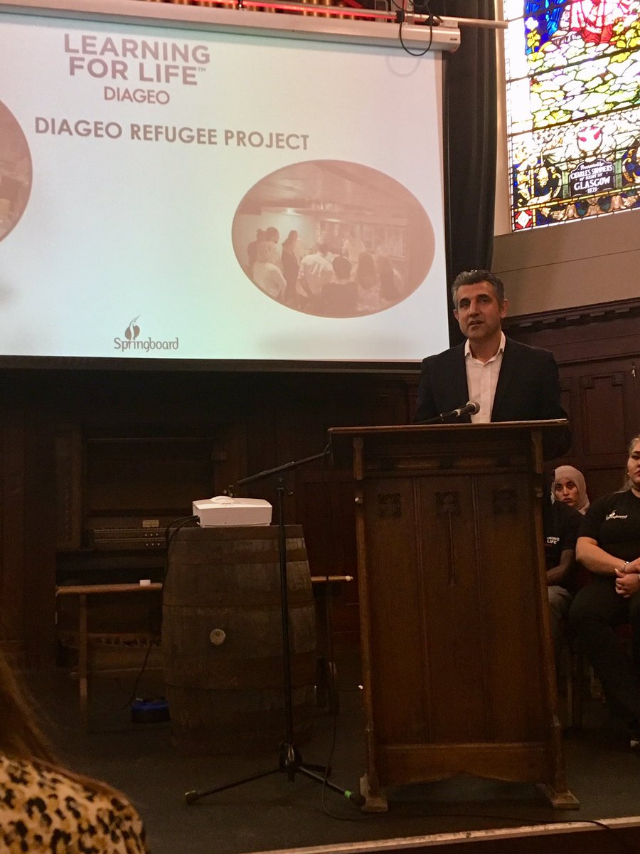 scotrefcouncil's tweet photo. “For refugees employment is more than just a job. It’s a steppingstone to rebuilding a life in Scotland,” says @sabir_zazai at #DiageoLearningforLife graduations today. @DiageoGB @Springboard_UK https://t.co/aYhl2CW3O4