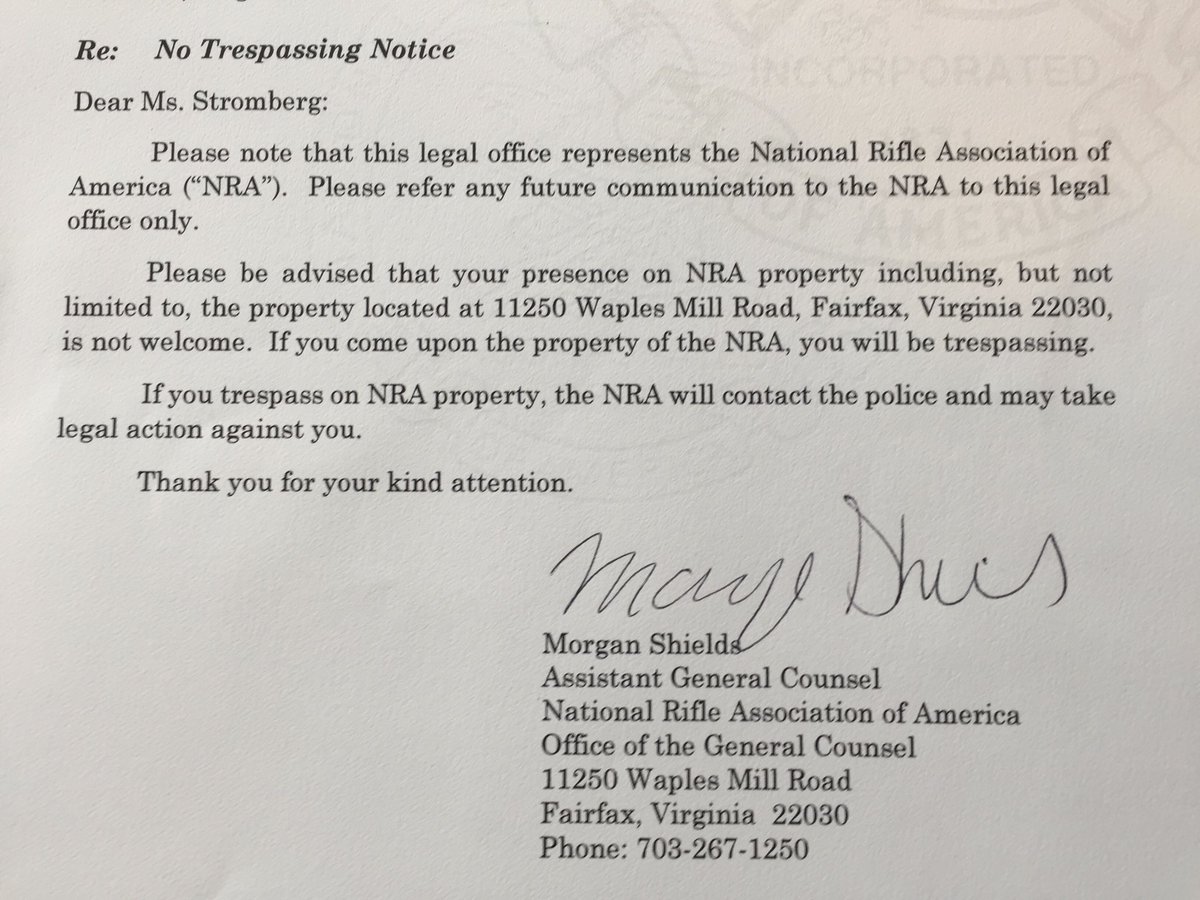 GreatGunMelt's tweet photo. The NRA FedExed &amp; mailed letters to Catherine &amp; Amanda banning us from ALL NRA property, after our protest, including the NRA HQ but it made us wonder, what other NRA property are they so excited to ban us from? https://t.co/Z0rqCI5iaG