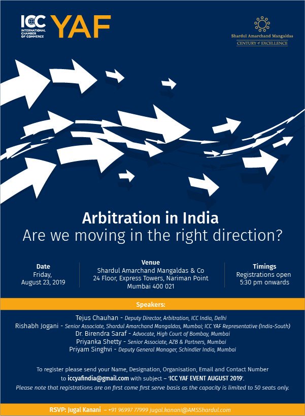 AMS_Shardul's tweet photo. Join for a panel discussion on "Arbitration in India: Are we moving in the right direction?", organised by ICC Young Arbitrators Forum, in association with @AMS_Shardul.
RSVP Jugal Kanani (jugal.kanani@AMSShardul.com)
#arbitrationevent #arbitration https://t.co/SFYkMYtaNg