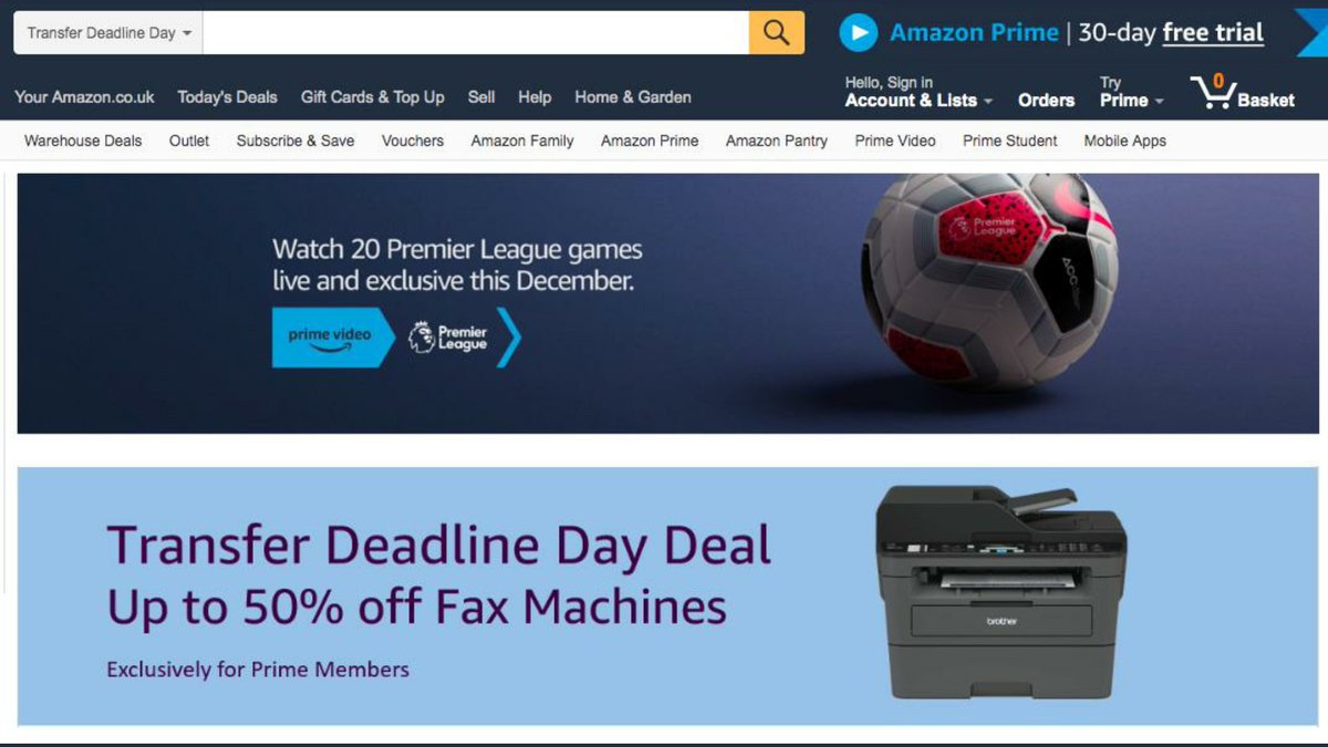 Amazon Premier Lig'in transfer döneminin son gününde faks makinelerinde %50'ye varan indirim yapmış. Hoş reklam...