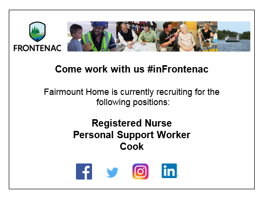 FrontenacCounty's tweet photo. Come work for us. We are hiring for three positions at our long-term care home #FairmountHome. Details at https://t.co/UXYktTNTXV https://t.co/RE0B6Rdofq