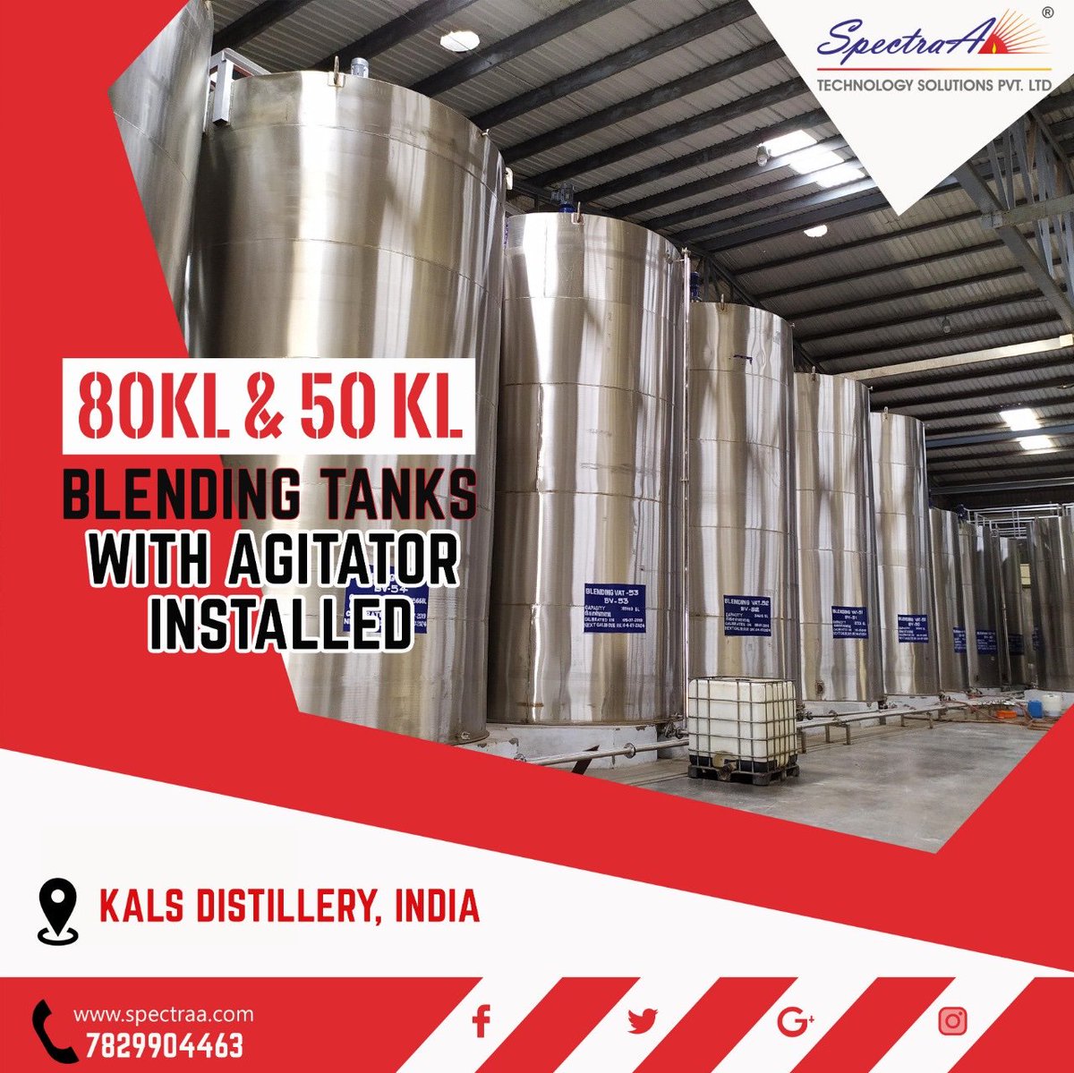 SpectraABrew's tweet photo. 80 KL &amp; 50 KL blending tanks with agitator installed by SpectraA. #Distillery #Blending #tanks https://t.co/lv3ztqlHB6