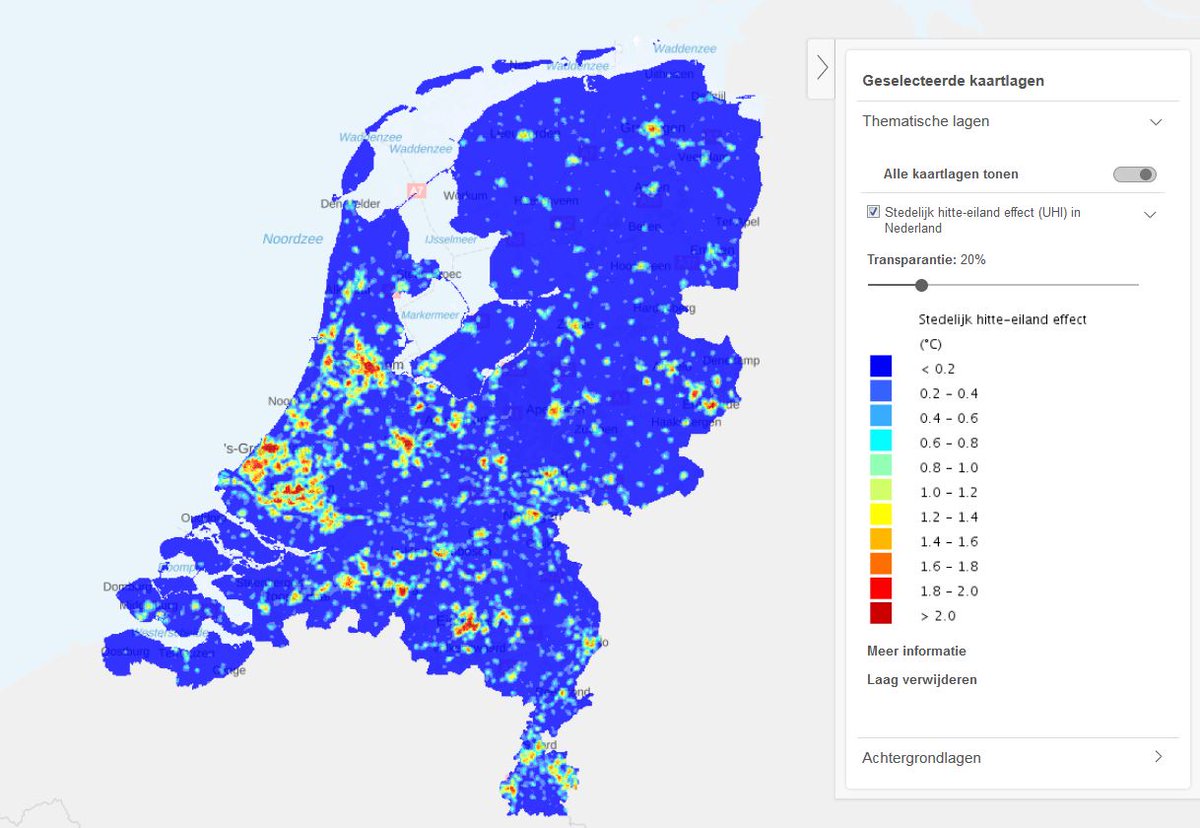 AtlasLO's tweet photo. Nederlandse #steden niet op #hitte gebouwd. Dat zie je ook op onze Stedelijk hitte-eiland effect kaart terug. Steden lichten als oranje kooltjes op in zee van blauw. Ook grote verschillen tussen steden onderling en wijken in een stad. https://t.co/zAuOtJcjPq https://t.co/7OWpsPpXb2