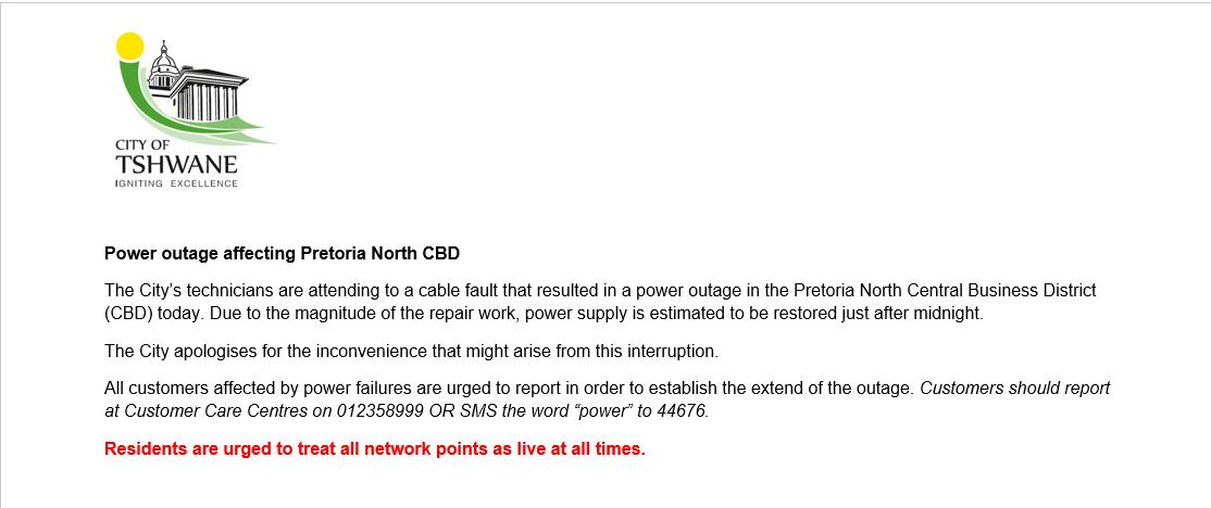 City Of Tshwane On Twitter Poweroutage Affecting Pretoria North Cbd