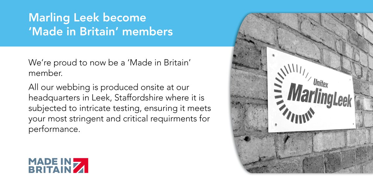 marlingleek's tweet photo. We're proud to announce that Marling Leek are now members of 'Made in Britain'. 

We're looking forward to utilising the mark to reflect our rich heritage and high quality. 

#madeinbritain #webbing #members #proud #heritage #highquality #MiBHour https://t.co/5mGvCayJPk