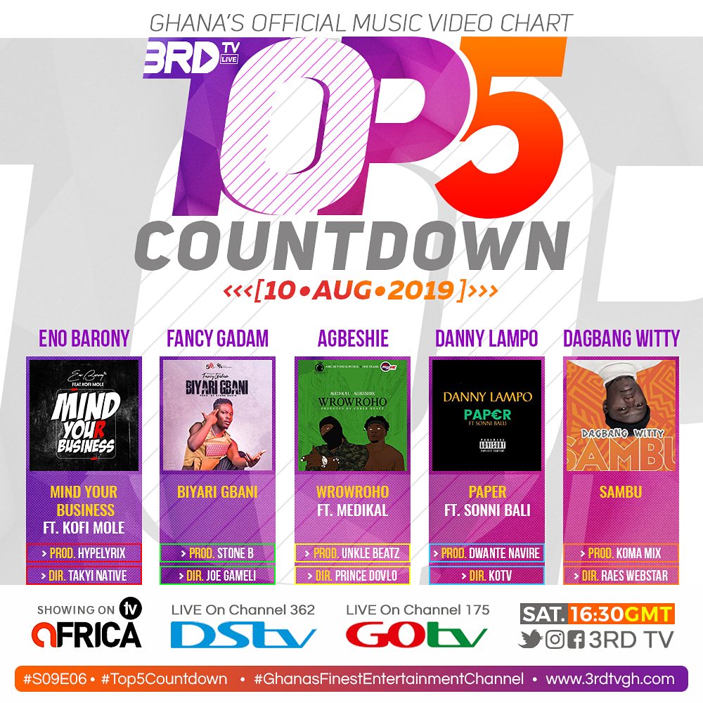 3rd_tv's tweet photo. #3RDTV | #Top5Countdown | #S09E06
Hosting @eno_barony โข @FancyGadam2 โข @AgbeshieMusic โข @DannyLampo & @yangwitty on #GhanasFinestEntertainmentChannel this Saturday @ 16:30GMT https://t.co/v8ttMx7lo1