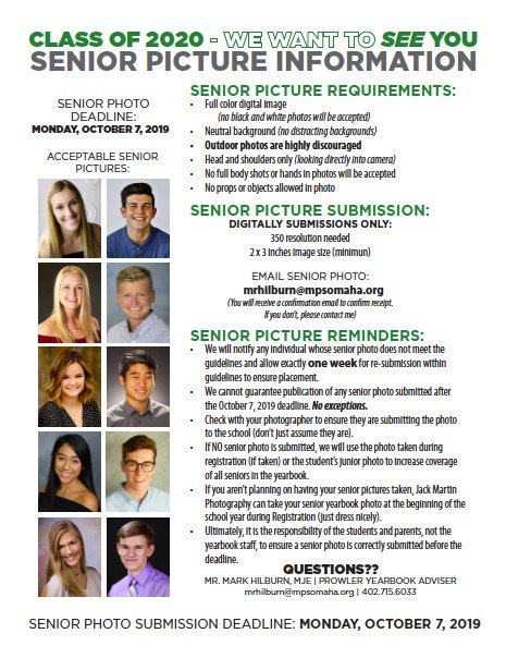 📸CLASS OF 2020 - We want to see YOU in the 2020 Prowler Yearbook. See below for specifics on Senior Pictures. Submission deadline is Monday, October 7th. 
<a href="/MWHSWildcats/">Millard West HS</a> <a href="/MWHSactivities/">Millard West Activities</a> <a href="/MWHSCatalyst/">MWHSCatalyst</a>