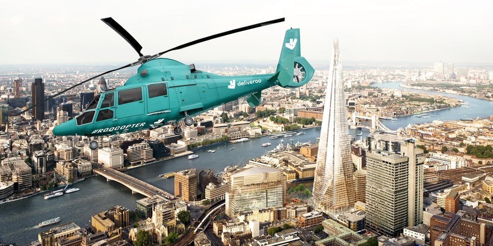 Deliveroo's tweet image. Want to bag a seat on our roocopter this Friday? 🚁 

Keep an eye on the skies - if you spot our teal helicopter, take a snap and tweet it with #roocopter to be in for the chance to enjoy a @wagamama_uk, @Byronhamburgers or @FiveGuysUK lunch 1000ft in the air 📸🌤