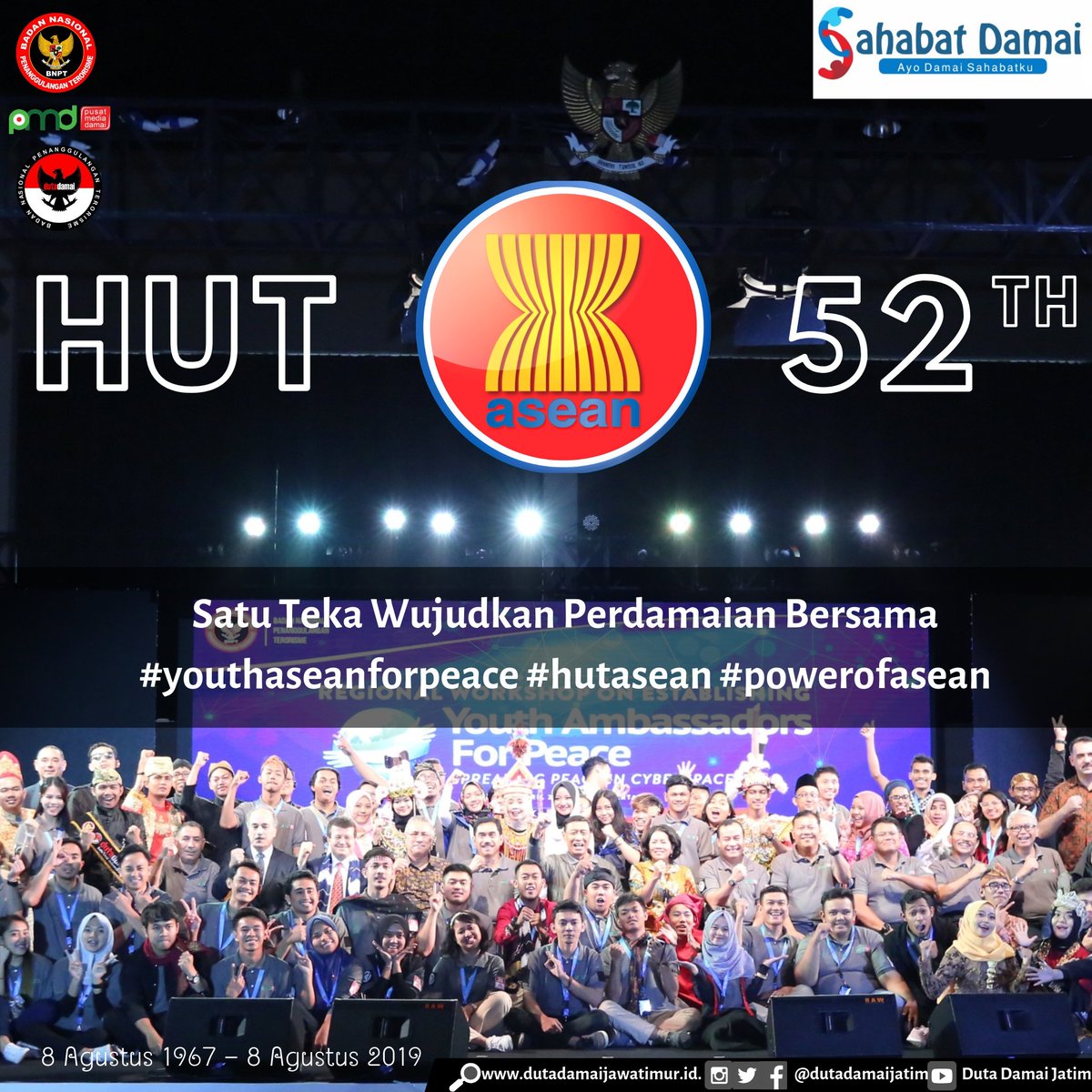 sahabatdamai_id's tweet photo. Selamat Ulang Tahun ASEAN
Serumpun Tetap Bersaudara

#sahabatdamai #hutasean #ASEAN #ASEANDay #ASEAN52 #ASEAN2019 https://t.co/BSKwckyPzX