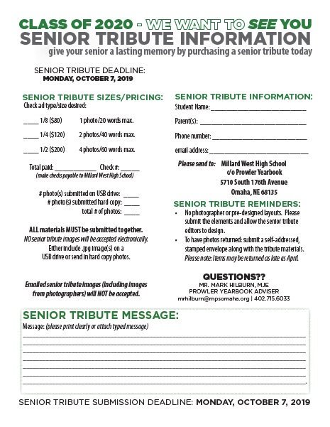 🚨 CLASS OF 2020 - Start looking through those baby photos and getting your message ready....Senior Tributes are due Monday, October 7th. 🚨 <a href="/MWHSWildcats/">Millard West HS</a> <a href="/MWHSactivities/">Millard West Activities</a> <a href="/MWHSCatalyst/">MWHSCatalyst</a>