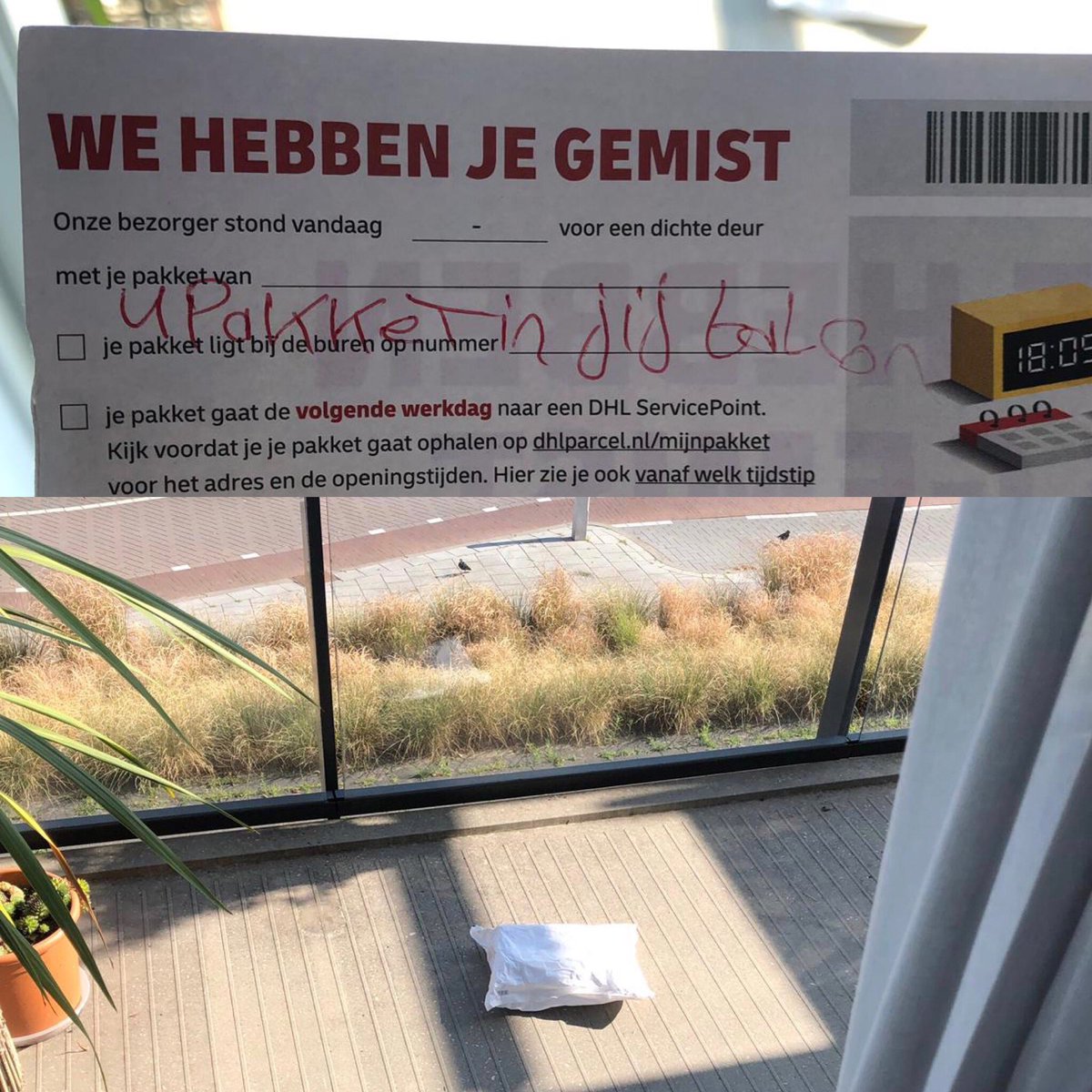 linsayvdlinde's tweet photo. Wanneer een pakketje ontVANGEN erg letterlijk wordt genomen. Beste @DHLNL, wij troffen gister deze cryptische notitie aan op de deurmat. Toen we vervolgens ons pakket op het balkon zagen liggen werd alles duidelijk. Kan toch niet? https://t.co/l9iUAMOxXd