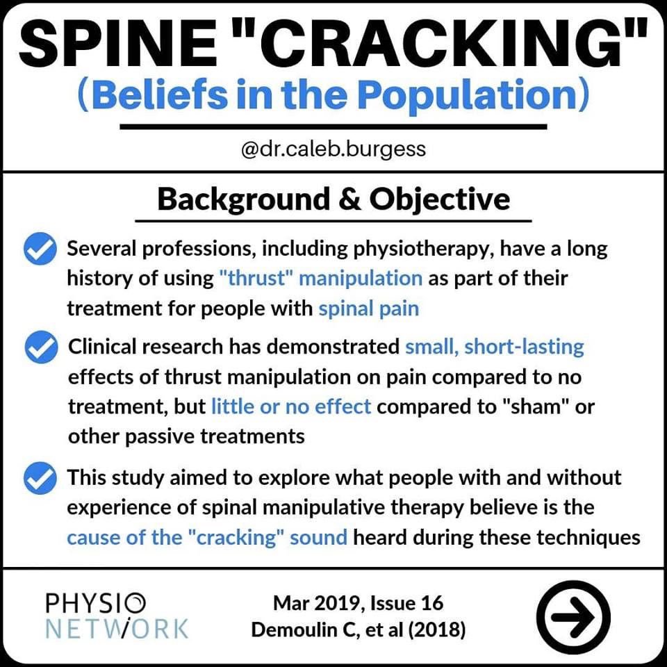 PhysioNetwork's tweet photo. 💥Spine "Cracking"💥📚 These graphics highlight a study on "Beliefs in the Population about Cracking Sounds Produced During Spinal Manipulation". Stay up to date with the latest research 👉🏻 https://t.co/rEqOOdiqvK 📸 by Caleb Burgess 👌🏻 https://t.co/OM9FVXxaNA