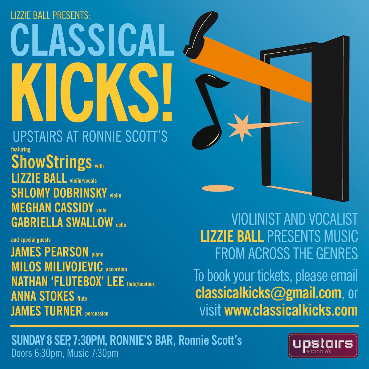 ClassicalKicks's tweet photo. Delighted to announce We are BACK @officialronnies this September 8th! Booking now live https://t.co/TkBrqSPu8x @lizzieballvivo hosts #showstrings @gabiswallow @Megs24601 @SDobrinsky @nathanfluteboxlee @annastokesflute #jamespearson  #jamesturner @MilosAccordion #classicalkicks https://t.co/vAjQcNJnay