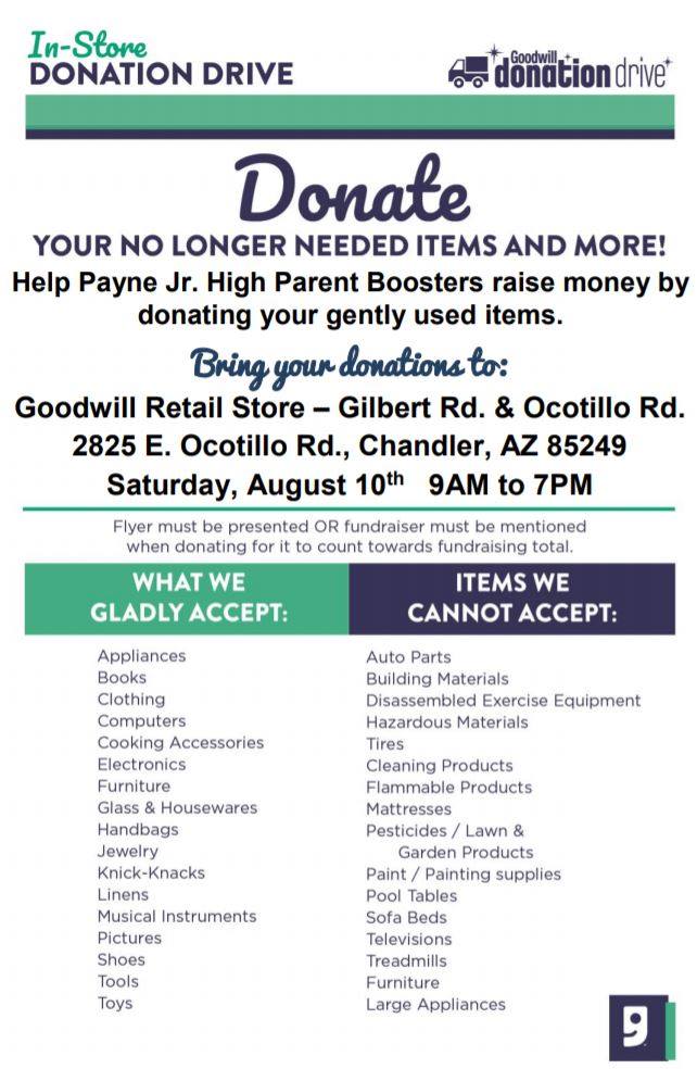 Saturday is Goodwill Donation Day for Payne! Bring your unwanted items and tell them you are with us so we can get credit! 👕🍽️📓🖥️