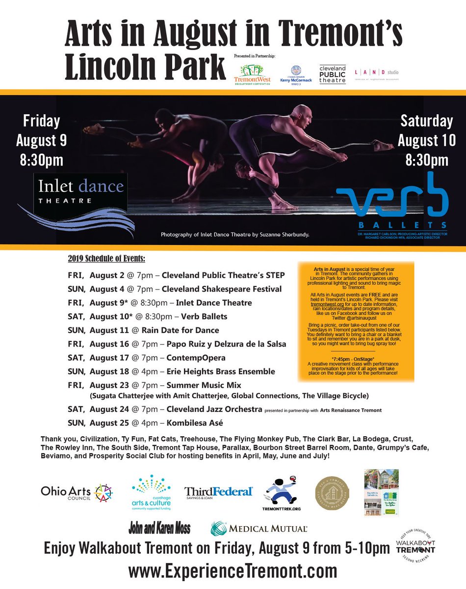 #ArtsinAugust this weekend in Tremont's Lincoln Park: <a href="/InletDance/">Inlet Dance Theatre</a> and <a href="/Verbballets/">verbballets</a> ~ Bring a picnic or takeout and don't forget a lawn chair or blanket. The weather looks to be perfect!😎<a href="/TremontWest/">Tremont West (TWDC)</a> @KerryMcCormack1 <a href="/cleveLANDstudio/">cleveLANDstudio</a> <a href="/CPTCLE/">cptcle</a> @rbobgan