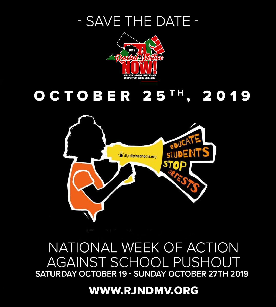 RacialJsticeNow's tweet photo. 🗣 SAVE THE DATE: Our @DignityinSchool Week of Action against #SchoolPushout coming up on October 25th. We're happy to welcome @mpfefferkorn42 of @TCIAMN to help us navigate &amp; understand #ThreatAssessments. Stay tuned for location. @ShebraEvans @MeyerFoundation @IMPACTSS @chfprez https://t.co/s8b7iDcLQT