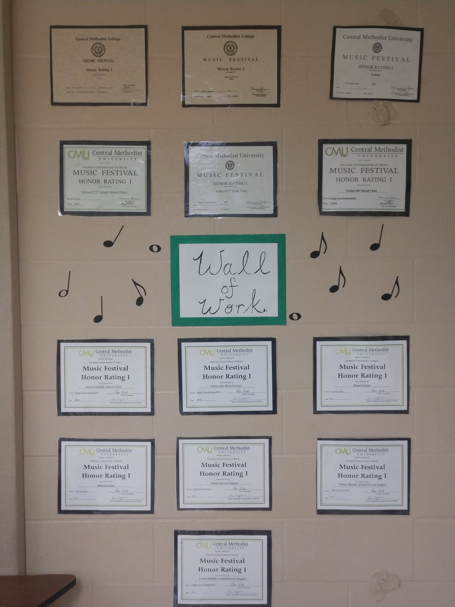 WSroufe's tweet image. BethHouf RT MoebesMusic: FMS Choir room: new &quot;Wall of Work!&quot; 
Hoping to inspire Ss by celebrating previous Ss. If we work hard, we MAY receive a &quot;1&quot;, and we may not. Regardless, we will experience growth in the preparation process! #CelebrateGrowth #fmst…