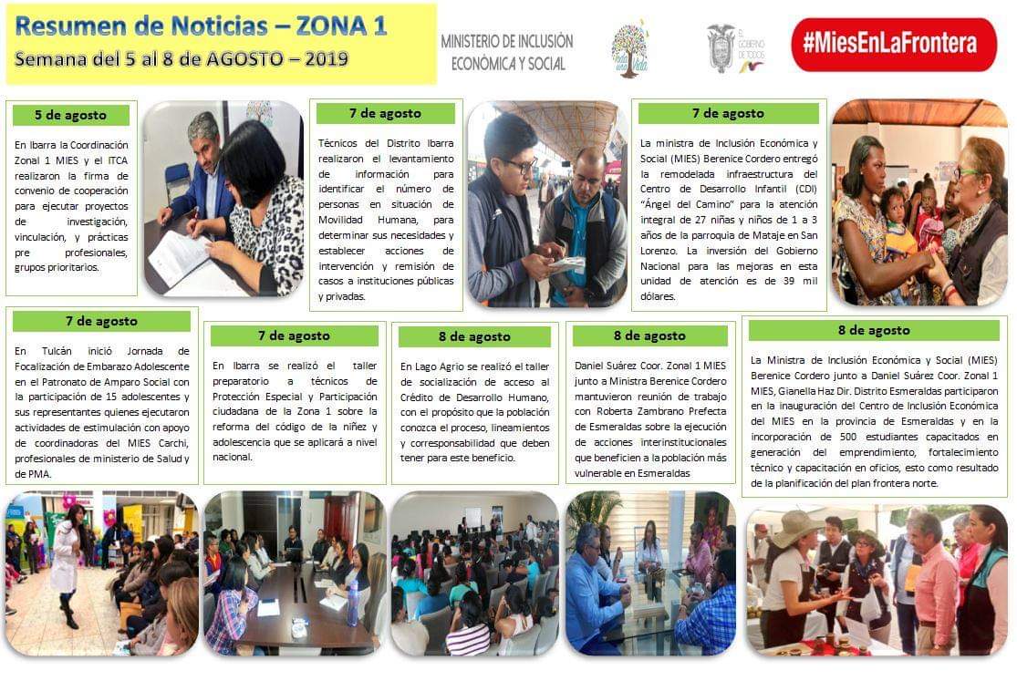 #MiesEnLaFrontera | Compartimos las actividades relevantes realizadas en <a href="/MIES_Zona1/">Inclusión Zona 1</a> del 5 al 8 de agosto a favor de grupos prioritarios. <a href="/berecordero/">Berenice Cordero</a> <a href="/dsprocel/">Daniel Suárez Prócel</a> @vladivelascob <a href="/ElenaLarrea2/">Elena Larrea </a> @Gia_Haz @AlfredoMIES <a href="/carmitaalmeida7/">carmita almeida</a> <a href="/AlfredoPlazaA/">Cruz Alfredo Plaza</a>