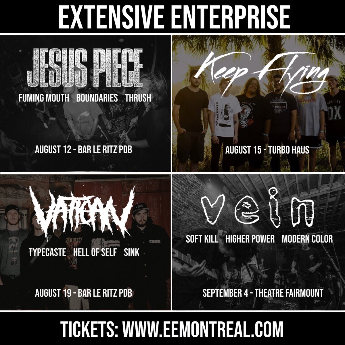 Here are some of our upcoming show!
<a href="/JesusPieceHC/">Jesus Piece</a> // August 12 // <a href="/barleritzpdb/">Bar Le Ritz P.D.B.</a> 
<a href="/KeepFlyingBand/">Keep Flying</a> // August 15 // <a href="/TurboHaus/">Sergio Da Silva</a> 
<a href="/vaticanvr/">VATICAN</a> // August 19 // <a href="/barleritzpdb/">Bar Le Ritz P.D.B.</a> 
<a href="/VEINBAND/">𝗩𝗘𝗜𝗡𝖡𝖮𝖴𝖭𝖣</a> // September 4 // <a href="/lefairmount/">Théâtre Fairmount</a>