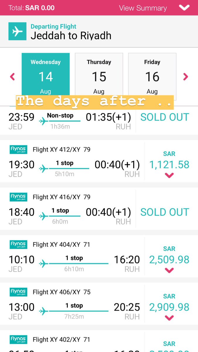 NermeenAmjad's tweet photo. @flynas Flight tickets from Jeddah to Riyadh (or anywhere close) cost around 1000-3000﷼(ONE WAY)JUST when Pilgrimage(الحج)finishes, meanwhile they cost around 100-300﷼ in normal days. استقبال و اسغلال جميل لضيوف الرحمٰن.
DISAPPOINTED for such price discrimination! #الحج_1440 https://t.co/1VRPRKe74E