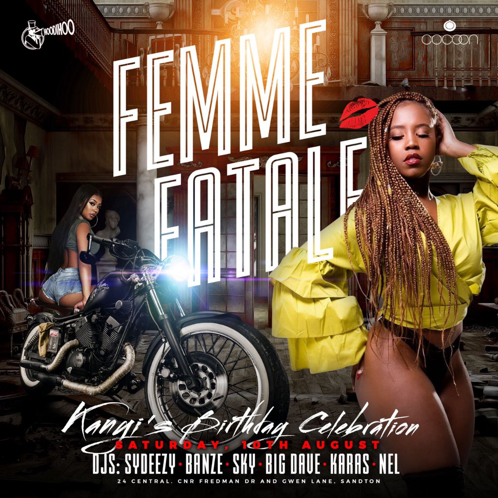 Sexy_BigDave's tweet photo. It’s Woman’s month and this Saturday @hoodihoo_ent and @cocoonloungejhb are doing it for the ladies. Let’s enter FEMME FATALE as we celebrate the beauty of the female by making a vibe fully catered for them.
#FEMMEFATALE https://t.co/PC6WcxIday