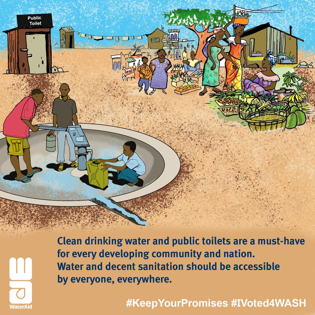 Clean drinking water and public toilets are a must-have for every developing community and nation. 

Water and decent sanitation should be accessible by everyone, everywhere. 
#KeepYourPromises #IVoted4WASH
#Make4YearsCount 
#WASH4All