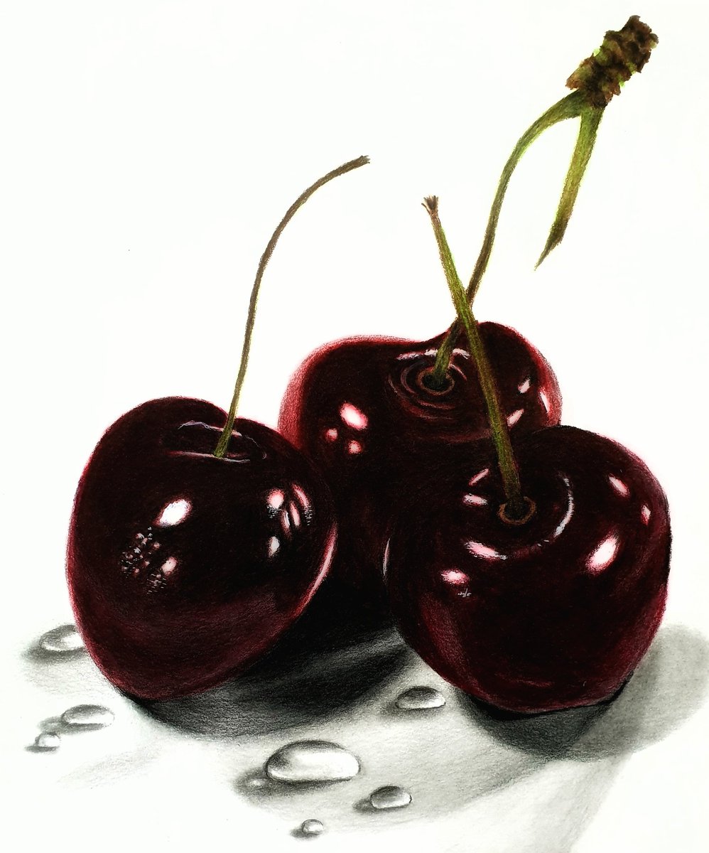 NorskViking1's tweet photo. Just some cherries. Prismacolor pencils on Strathmore Bristol smooth paper. #cherries #colorpencildrawing #cerise #waterdroplets #thursdaymotivation #thursdaymood #berries #prismacolorpencils #strathmorepaper #bristolsmooth #blackcherries #cherrydrawing https://t.co/Nh0FPlmeI5
